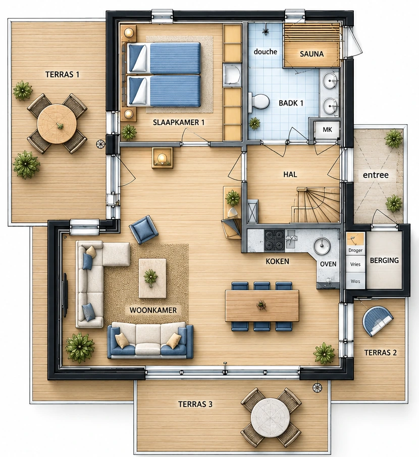 Plattegrond van de begane grond van vakantiebungalow 23A