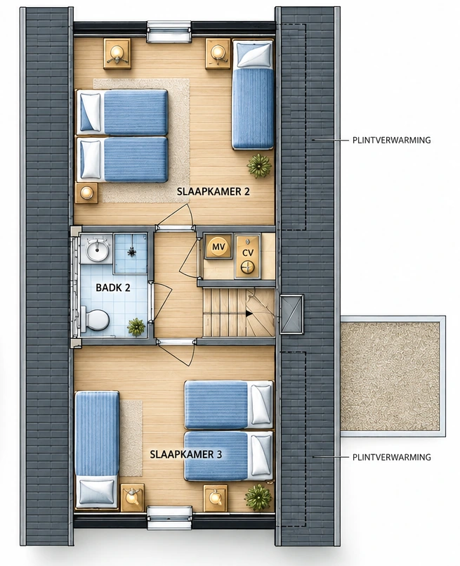 Plattegrond van de eerste verdieping van vakantiebungalow 23A