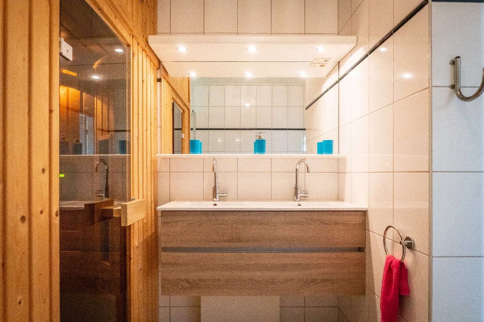 Wastafel en infraroodsauna in de badkamer beneden